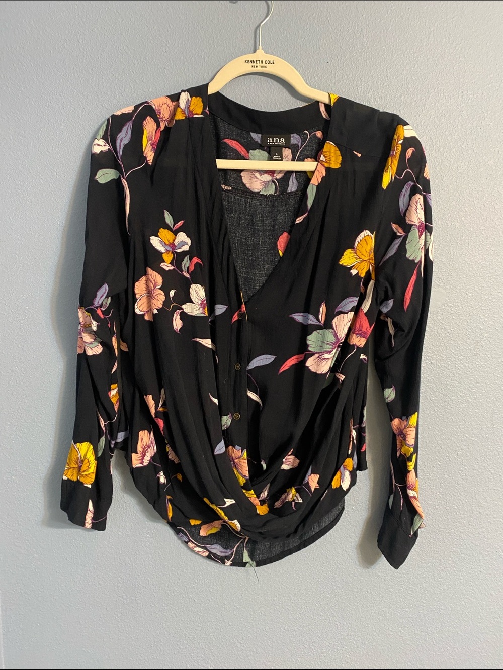 a.n.a Black Floral Wrap Blouse with Yellow & Pink Blooms
